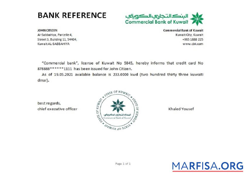 Downloadable Kuwait Commercial Bank reference real example